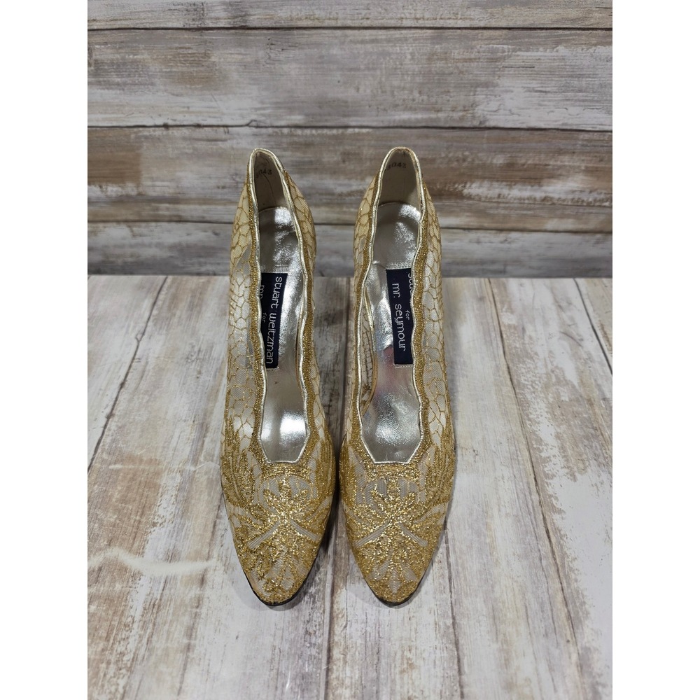 Stuart Weitzman Mr Seymour Gold Mesh Lace Pumps Heels 7W Vintage Made in Spain - Picture 2 of 12